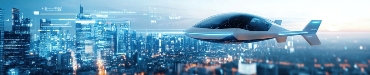 Obraz premium A flying car hovering over a futuristic city.