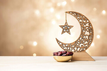 Eid Mubarak & Ramadan Kareem Celebration with Wooden Crescent Moon, Star, and Dates on Elegant White Table - Generative AI