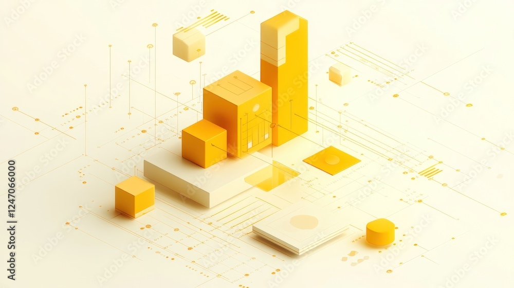 Poster abstract 3d isometric illustration of yellow blocks forming a graph on a circuit board background, r