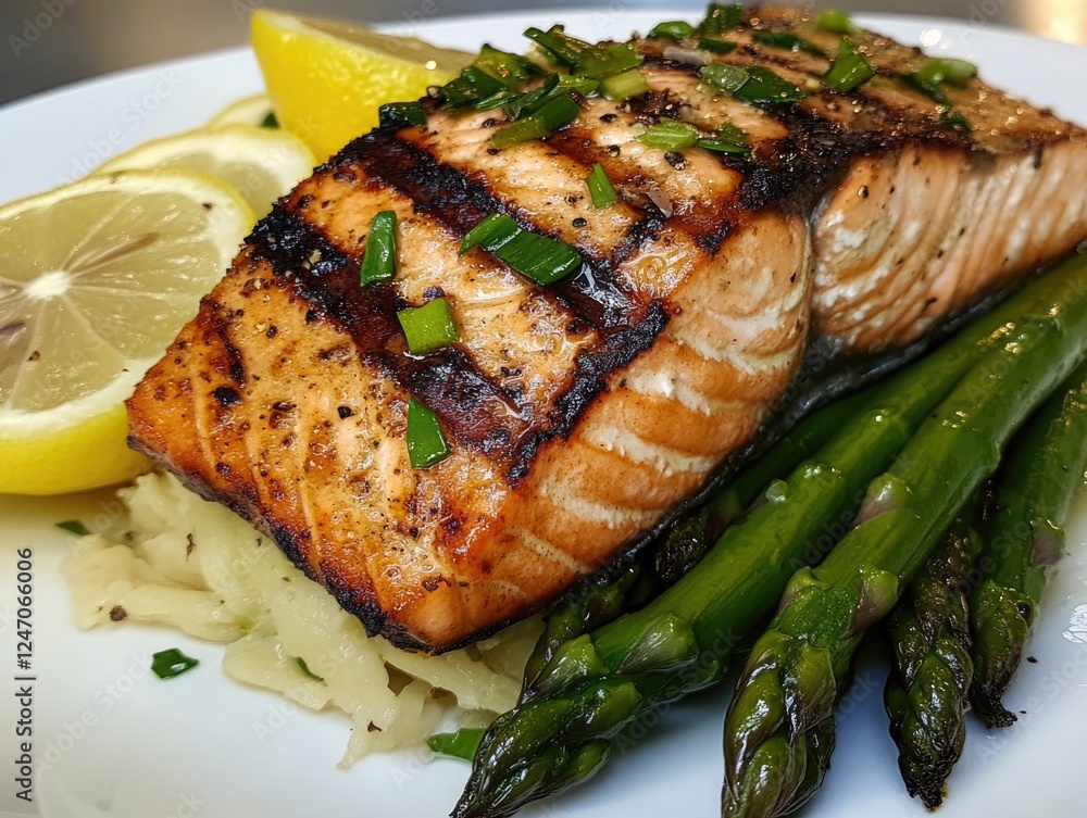 Poster A plate of grilled salmon and asparagus with a lemon wedge on the side. The dish looks healthy and appetizing