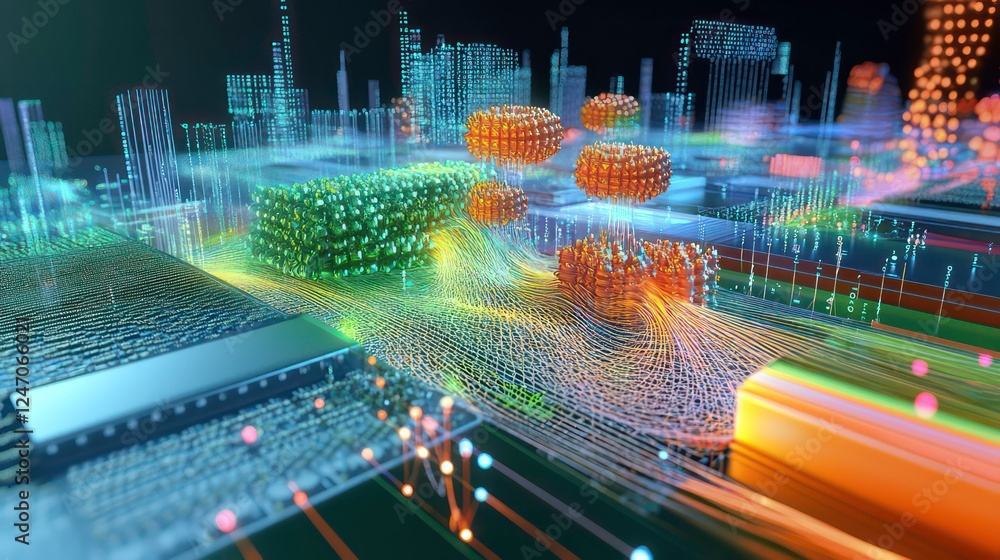 Fototapete a visual representation of a neural network in 3d, depicting a data stream, highlighting the interse