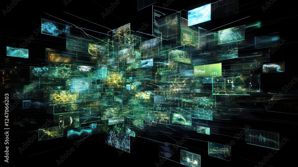 Poster a visual representation of a neural network in 3d, depicting a data stream, highlighting the interse
