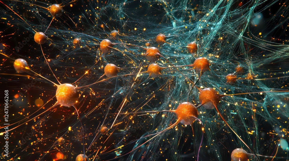 Poster a visual representation of a neural network in 3d, depicting a data stream, highlighting the interse