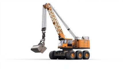 Naklejka premium A large orange industrial crane with a claw isolated on a white background.