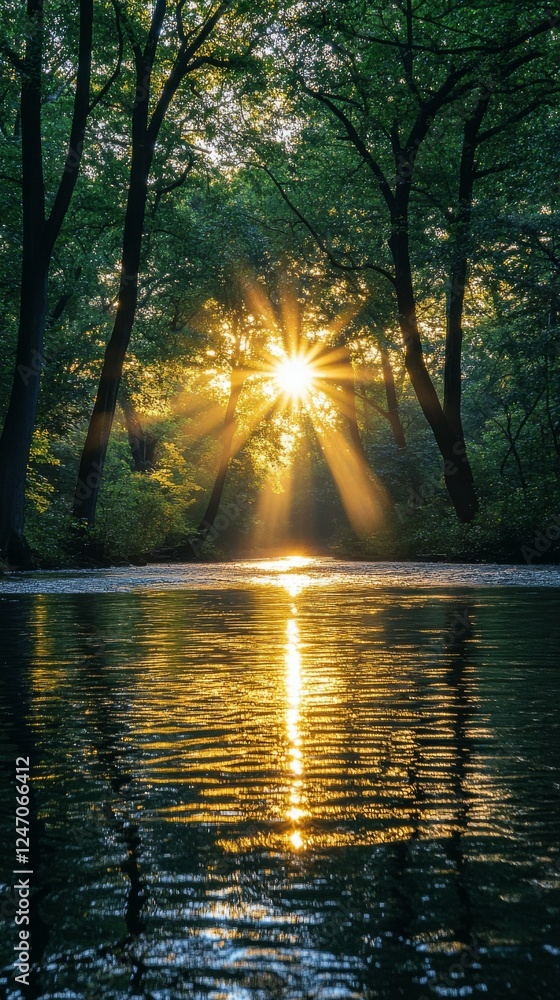Poster sunlight filters through trees illuminating a tranquil forest lake at dawn