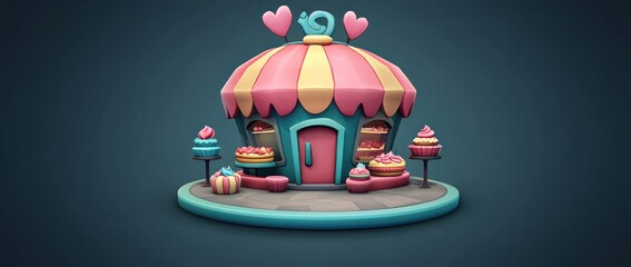 Cute cartoon cupcake shop with pink and blue exterior, cakes, and heart decorations.