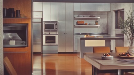 Modern kitchen interior design with stainless steel appliances, wooden floors, and a breakfast bar.