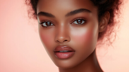 Fototapeta premium Beautiful portrait of a young woman with radiant skin and expressive eyes in a soft pink background showcasing natural beauty