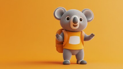 Adorable 3D koala wearing a backpack and shirt, against a vibrant orange background.