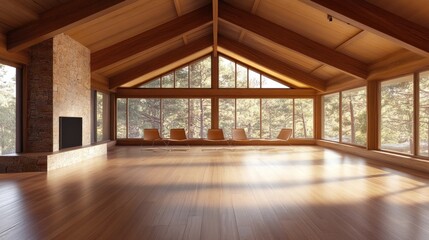 Fototapeta premium Sunlit spacious room with wooden beams, large windows, stone fireplace, and hardwood floor.