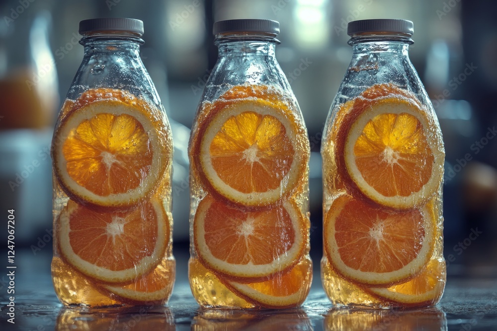 Poster freshly squeezed orange juice in glass bottles with slices displayed