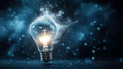 Glowing light bulb bursting with energy in a dark background