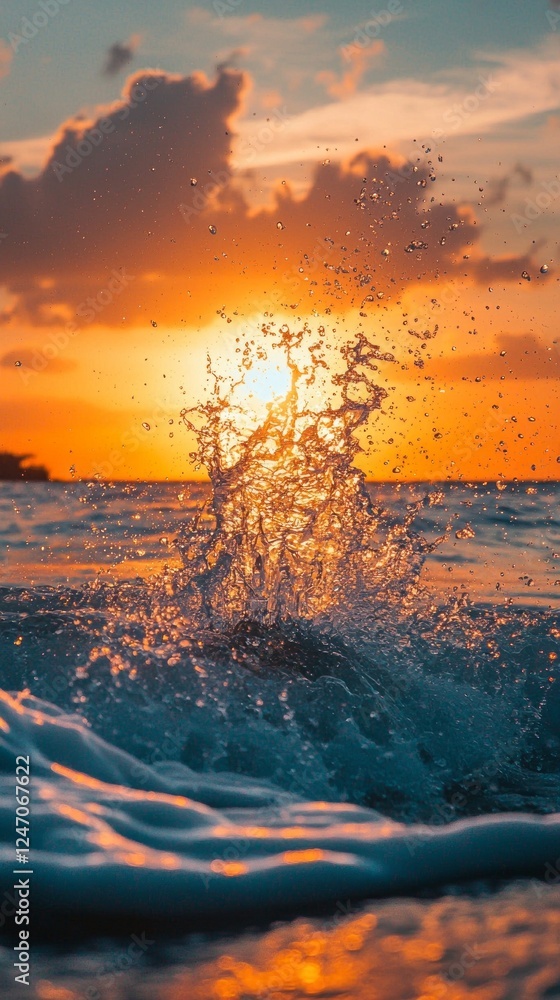 Poster a whale tail emerges from the ocean, creating a stunning splash as the sun rises in the background. 