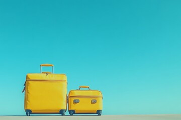 A wide-angle shot features a lively yellow suitcase and travel bag, contrasting with a clear blue background, capturing the thrill of a sunny summer morning that suggests adventure awaits.
