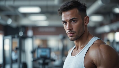 Fototapeta premium Fit Man Staring at the Camera in a Gym Background