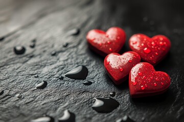 Fototapeta premium Red heart decorations arranged on a textured dark surface for romantic themes and celebrations