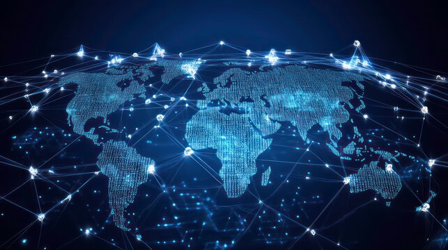 Global network connection, digital world map with glowing nodes and lines representing data flow and communication across continents.