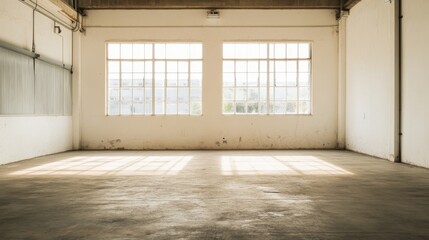 Fototapeta premium Empty Factory Interior Sunlight Through Windows. Possible Use Stock photo