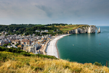 The city and  beach of Etretat in the Normandy