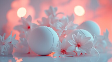 Fototapeta premium Soft pastel floral arrangement with glowing white spheres
