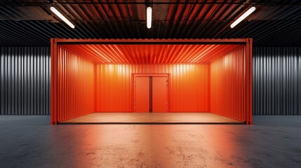 Modern industrial warehouse with red lighting