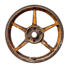 Obraz premium Rusty rimmed wheel showcasing a gap in the spokes with a Transparent background, Rusty Rimmed Wheel with a Gap in the Spokes, PNG background