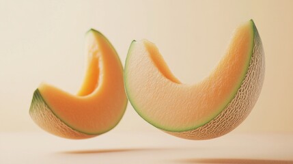 Two vibrant cantaloupe slices levitate against a soft, beige backdrop.