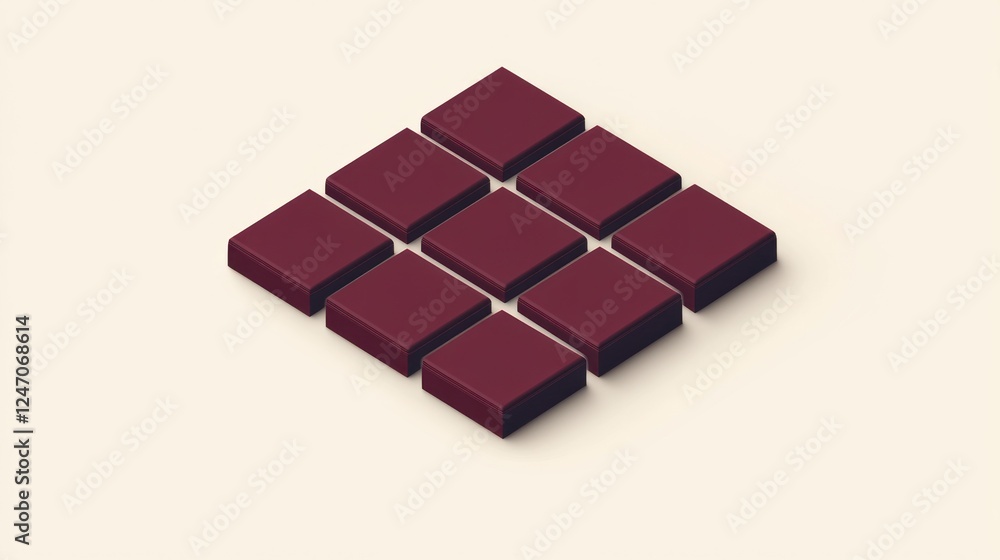 Poster isometric view of nine dark-red squares arranged in a diamond pattern on a light beige background.
