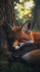 Fototapeta premium A red fox naps peacefully at the base of a tree in a sun-dappled forest.