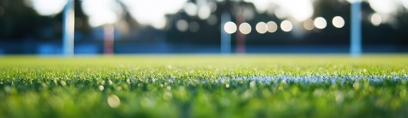 Obraz premium Close-up of a lush green sports field with blurred background showing goalposts.
