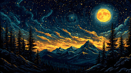 Nighttime Landscape: Majestic Mountains Under the Moon and Stars, Vibrant Sky with Illuminated Clouds and Trees, Tranquil Wilderness Adventure in Celestial Beauty and Serene Scenery