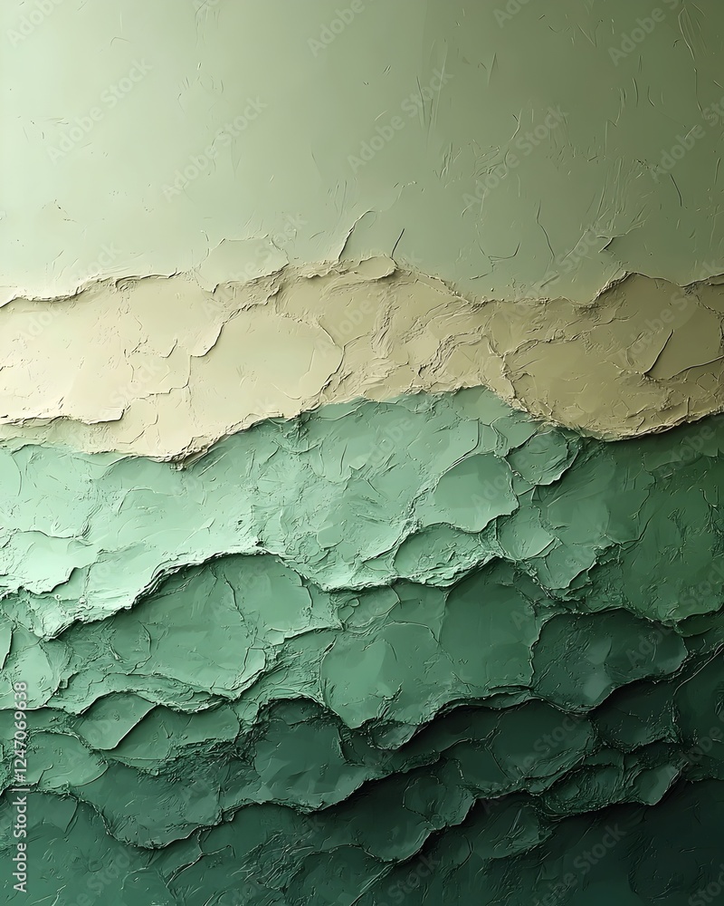 Poster an abstract texture resembling ocean waves, featuring layers of soft green and beige tones. the harm