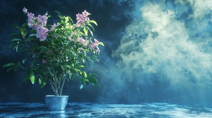 Serene landscape with a potted flower in the foreground