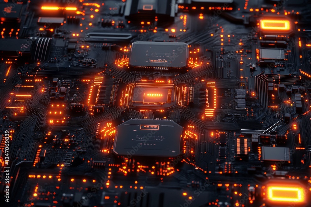 Poster close view of a luminous circuit board showcasing intricate patterns and bright orange lights