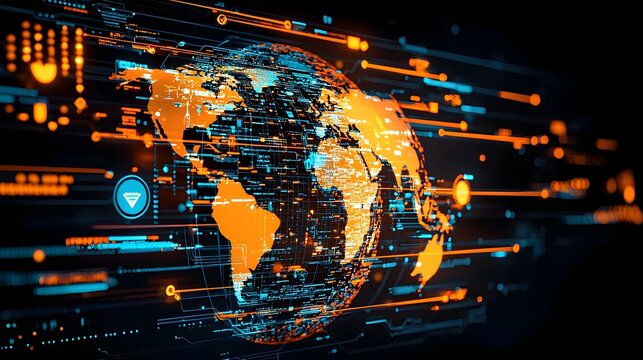 Neon powered digital dashboard displaying sharp decline in global trade and exports data with visualization of economic analytics and international market information