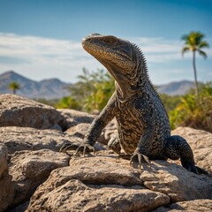 Fototapeta premium A majestic iguana basking on a rock in a sunny desert. A bearded dragon basking on a warm rock in a desert-themed setup