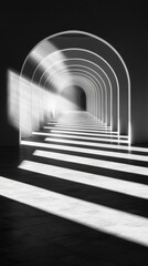 Illuminated archway minimalist gallery black and white interior perspective artistic vision