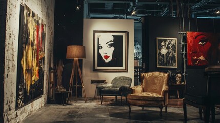 Modern art gallery with framed paintings and sculptures