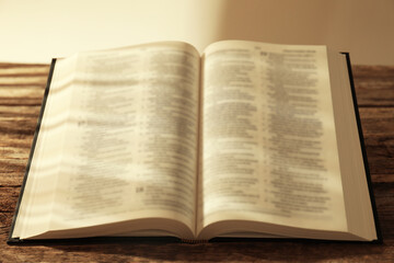 Open Holy Bible in English language on wooden table, closeup