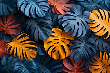 An expansive view of vivid tropical leaves bathed in the warm light of a sunny summer morning forms a rich and exotic botanical composition with deep green monstera and palm leaves.