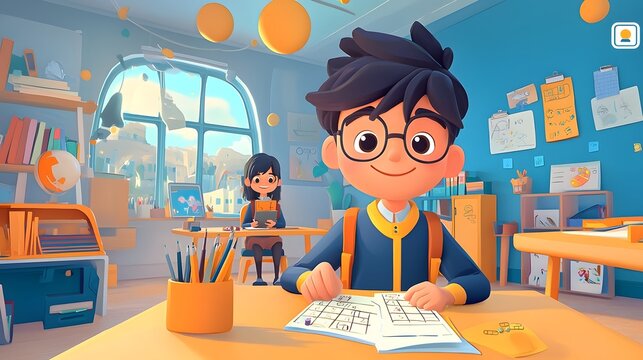 of a cartoon student avatar intently solving a challenging math puzzle or problem inside a virtual classroom environment with various digital and school related elements