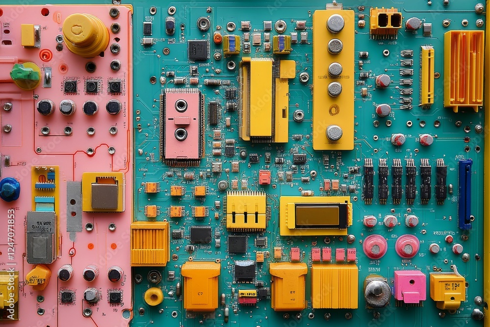 Poster close view of a luminous circuit board showcasing intricate patterns and bright orange lights