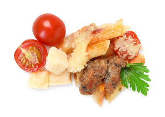 Delicious pasta casserole with cheese, tomatoes, minced meat and parsley isolated on white, top view