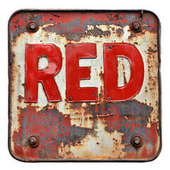 Rusty red sign with bold lettering indicating the word red against a weathered Transparent background, rusty red sign with the word red on it, PNG background