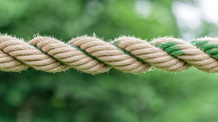 Fototapeta premium Twisted rope outdoors, green background, texture detail, climbing equipment