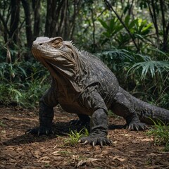 Fototapeta premium the photo of komodo dragon The fearsome Komodo dragon, with its powerful jaws and sharp teeth, is a mixture of brown and black scales that blend perfectly with its surroundings.