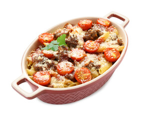 Delicious pasta casserole with cheese, tomatoes and minced meat in baking dish isolated on white