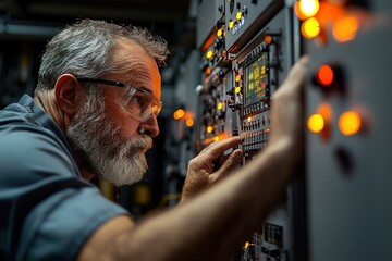 Nuclear reactors drive energy innovation. Experienced technician adjusting controls on a complex machine.