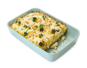 Tasty pasta casserole with cheese and broccoli isolated on white