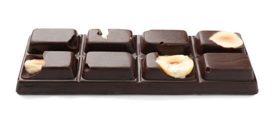 One tasty chocolate bar with nuts isolated on white